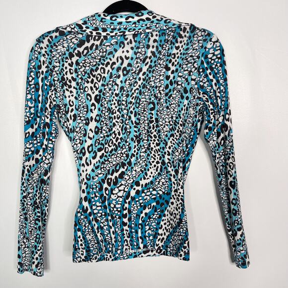 Etcetera XSmall XS Blue White Brown Leopard Print Wrap Long Sleeve Top Stretch - Picture 2 of 7